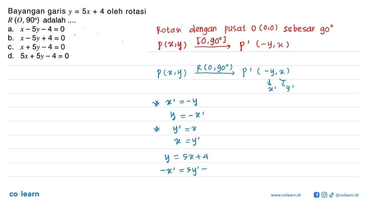 Bayangan garis y=5x+4 oleh rotasi R(O, 90) adalah....