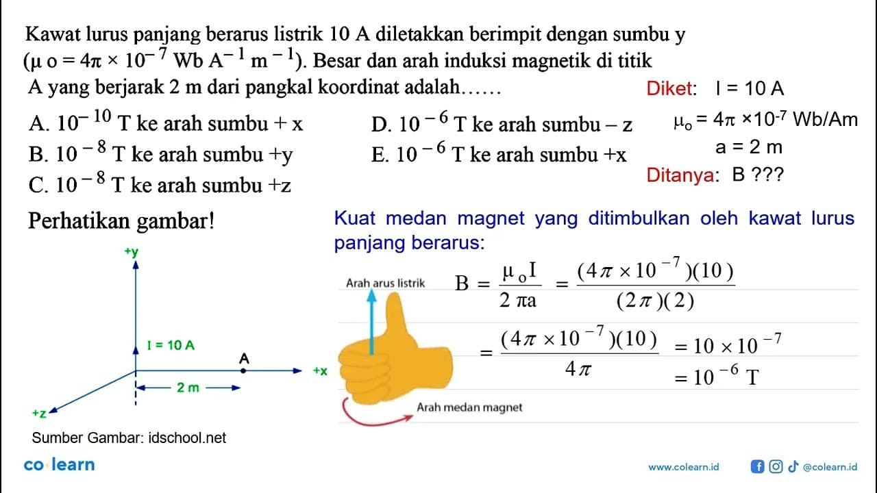 Perhatikan gambar! Kawat lurus panjang berarus listrik 10 A