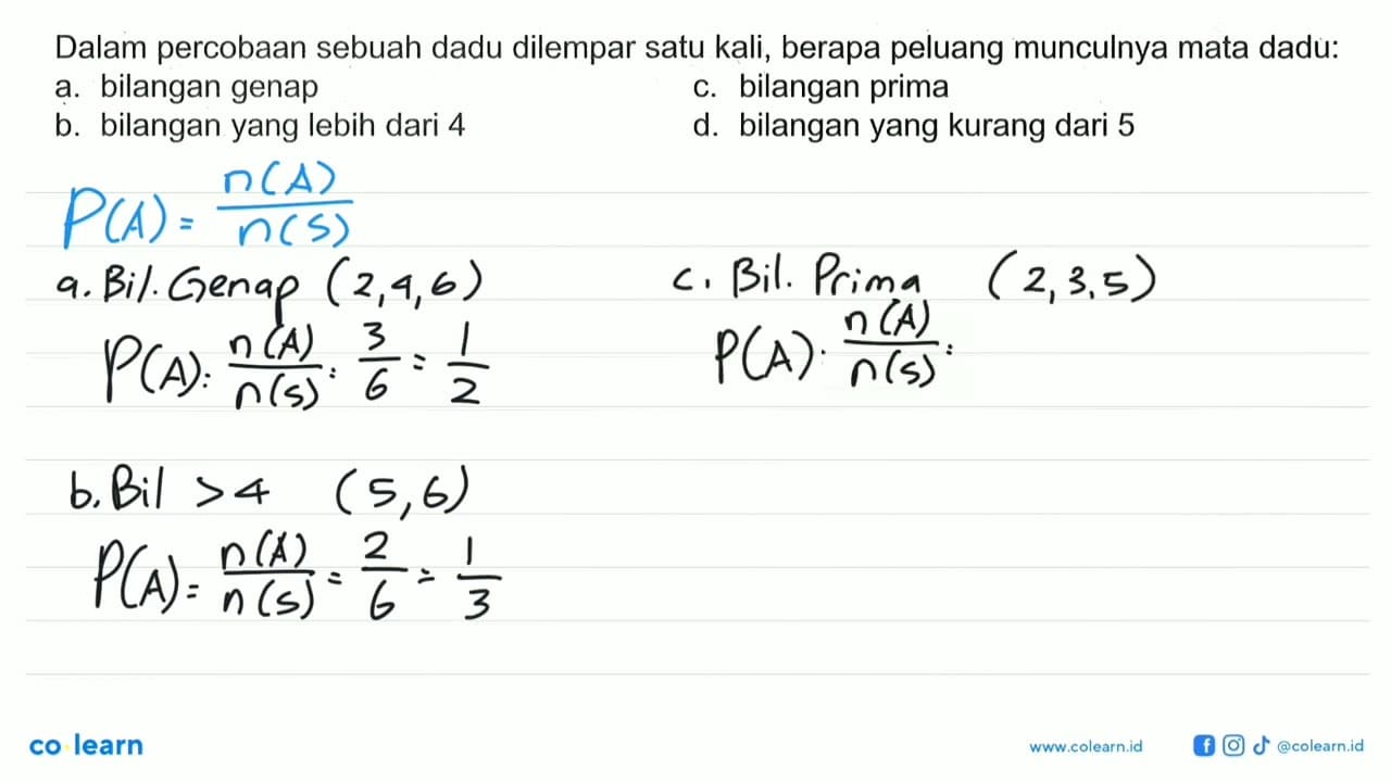 Dalam percobaan sebuah dadu dilempar satu kali, berapa