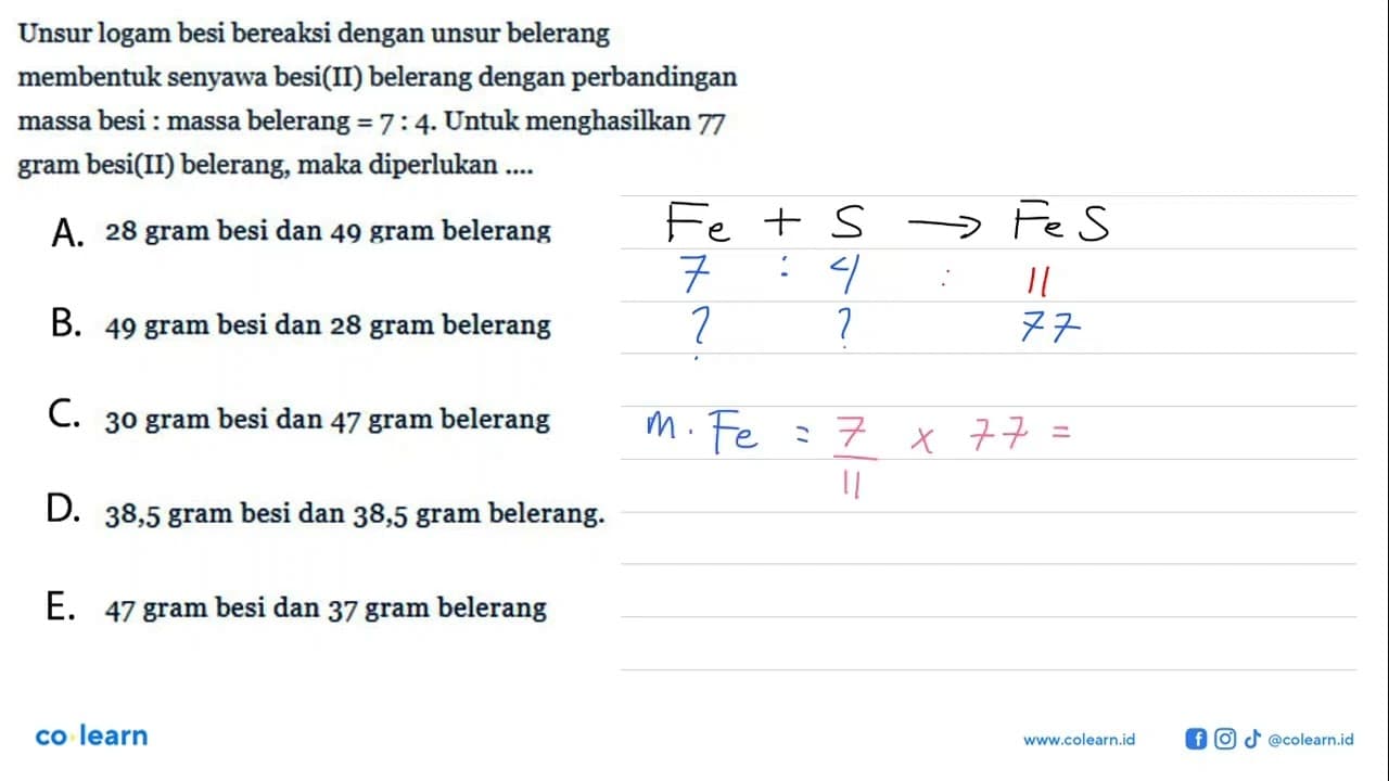 Unsur logam besi bereaksi dengan unsur belerang membentuk