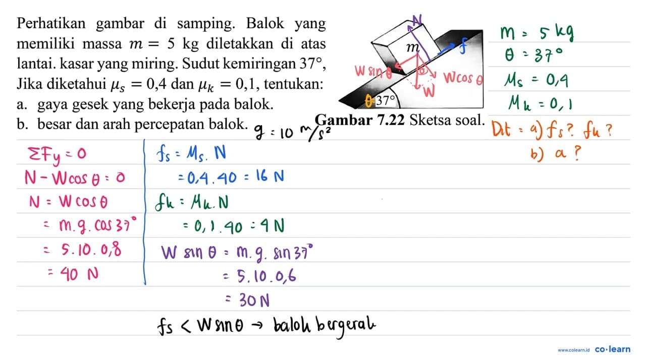 Perhatikan gambar di samping. Balok yang memiliki massa m=5