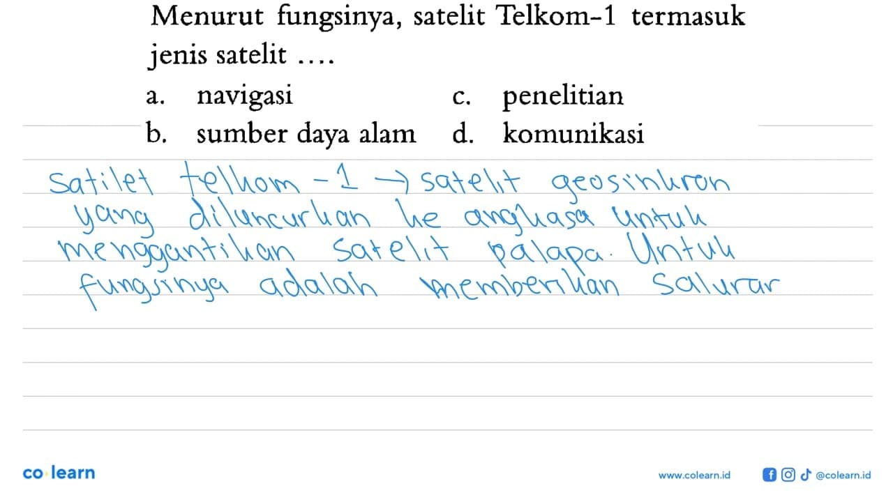 Menurut fungsinya, satelit Telkom-1 termasuk jenis satelit