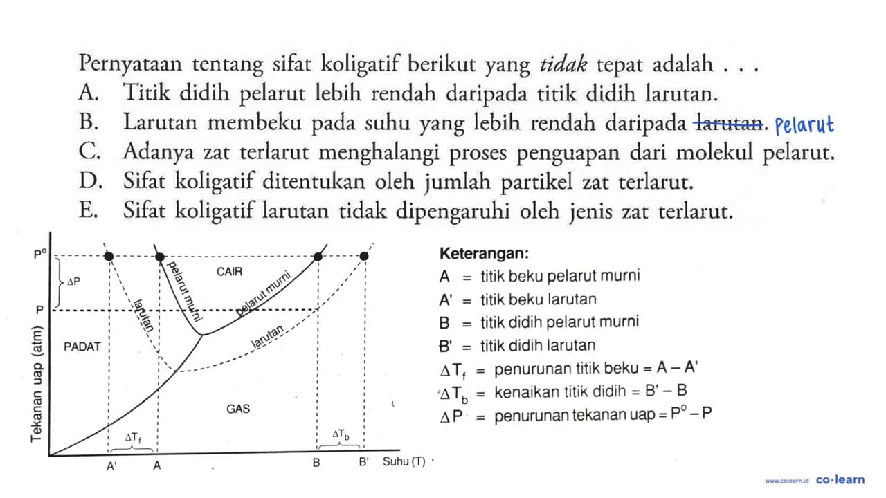 Pernyataan tentang sifat koligatif berikut yang tidak tepat