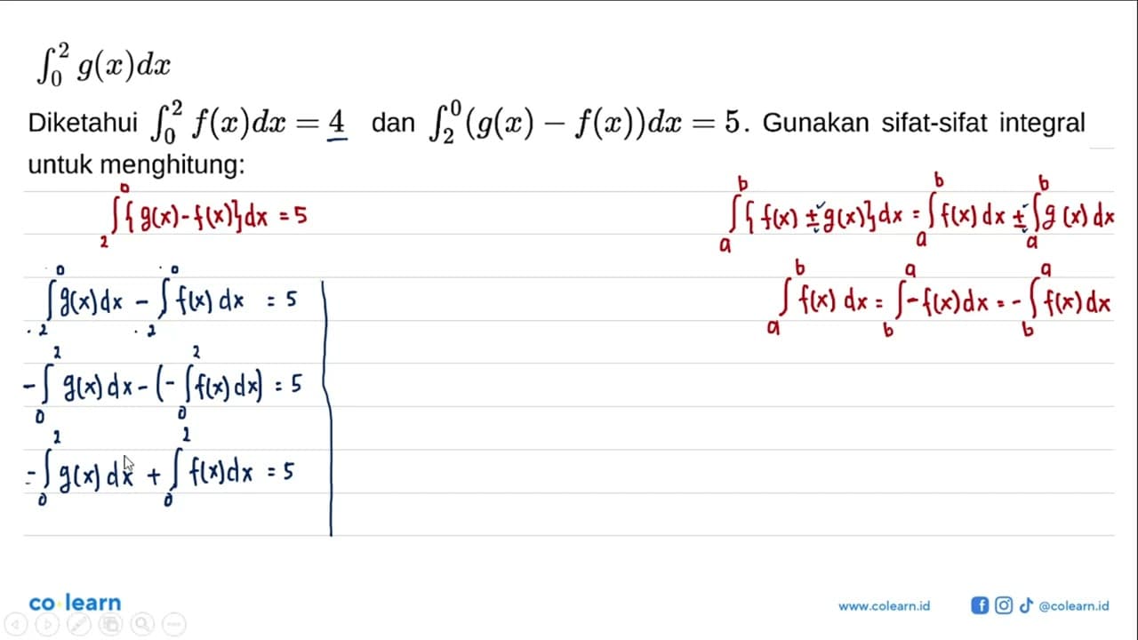 Diketahui integral dari 0 2 f(x) dx=4 dan integral dari 2 0