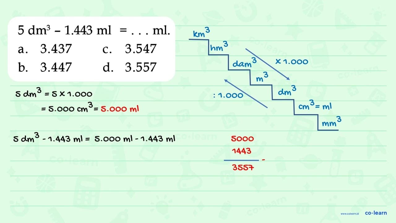 5 dm^3 - 1.443 ml = ... ml.