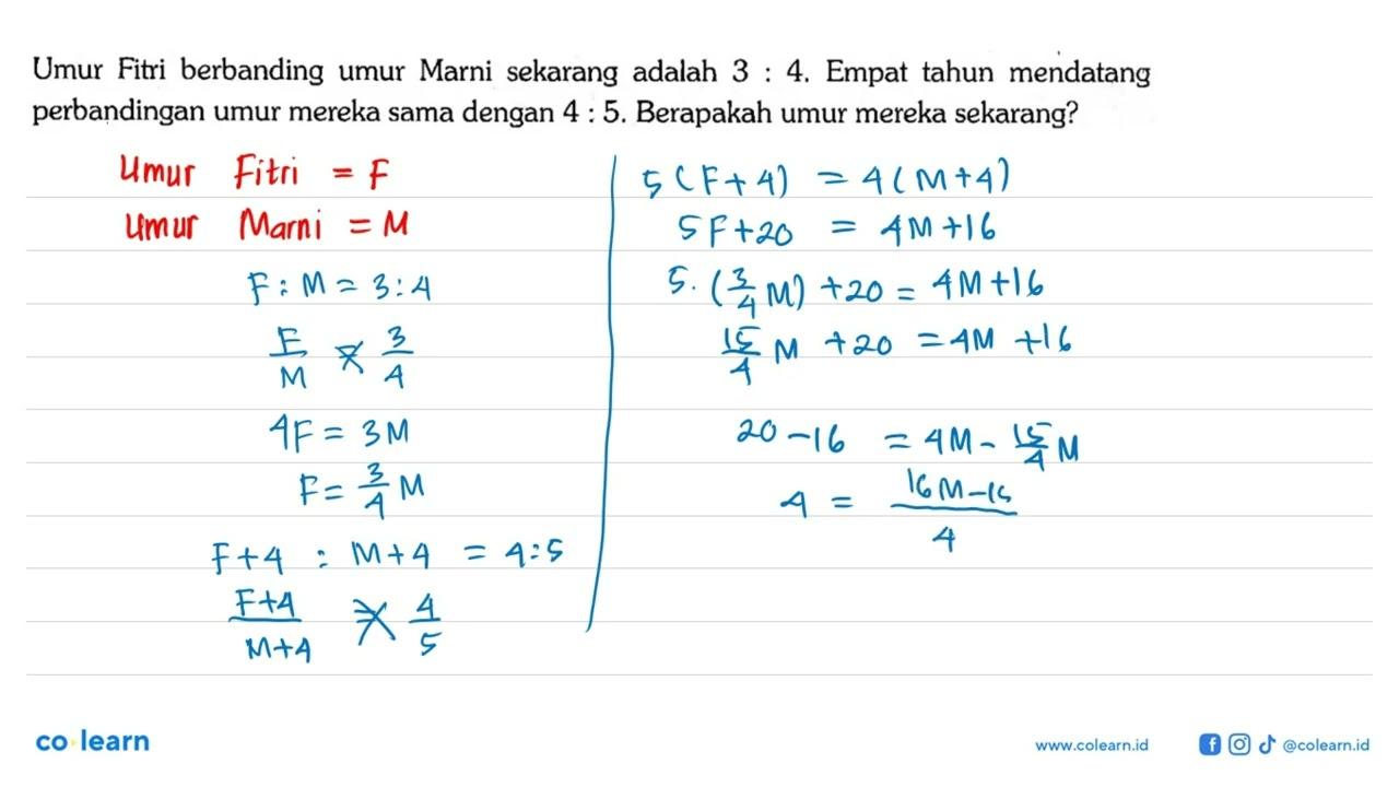 Umur Fitri berbanding umur Marni sekarang adalah 3 : 4 .