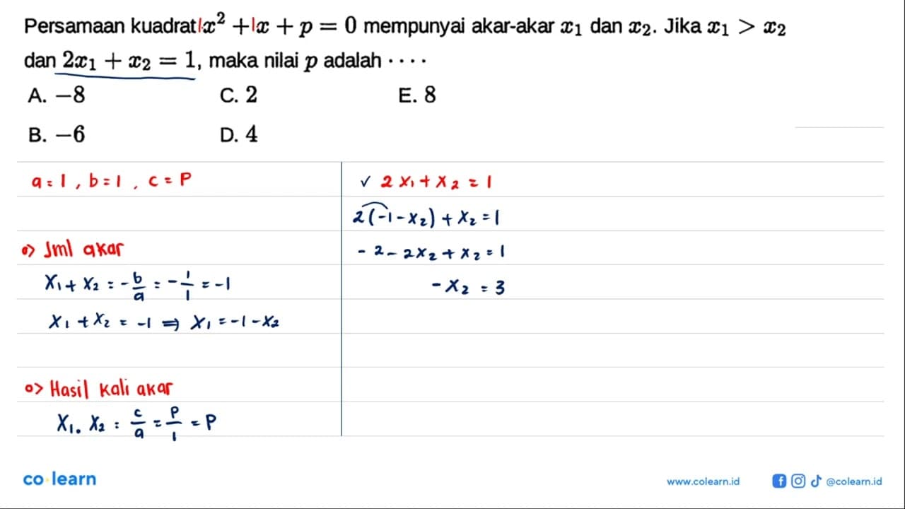 Persamaan kuadrat x^2 + x + p = 0 mempunyai akar-akar x1