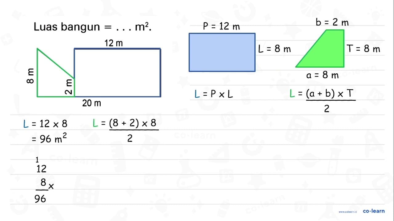 Luas bangun = ... m^2. 12 m 8 m 2 m 20 m