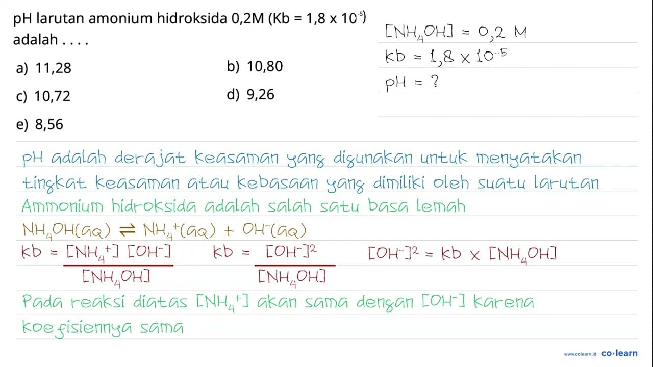 pH larutan amonium hidroksida 0,2M (Kb=1,8 x 10^-5) adalah