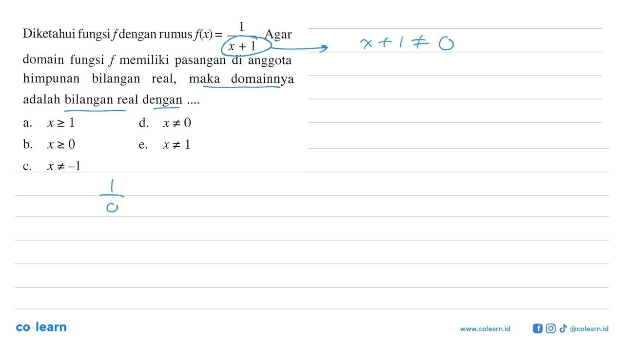 Diketahui fungsi f dengan rumus f(x)=1/(x+1). Agar domain