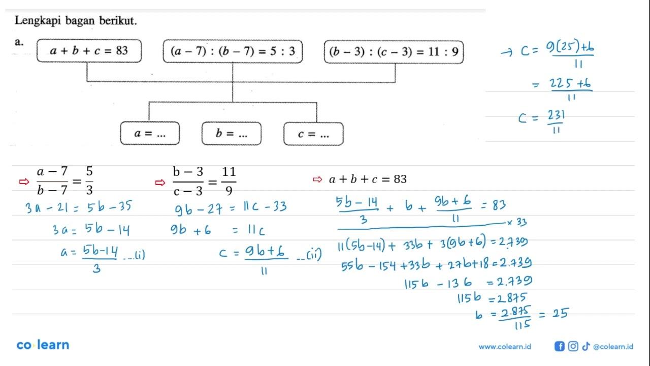 Lengkapi bagan berikut. a. a + b + c = 83 (a - 7) : (b - 7)