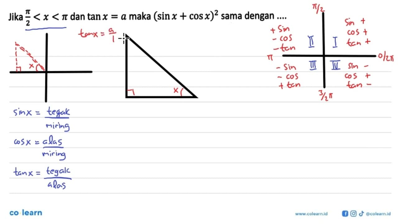 Jika pi/2<x<pi dan tan x=a maka (sin x+cos x)^2 sama dengan