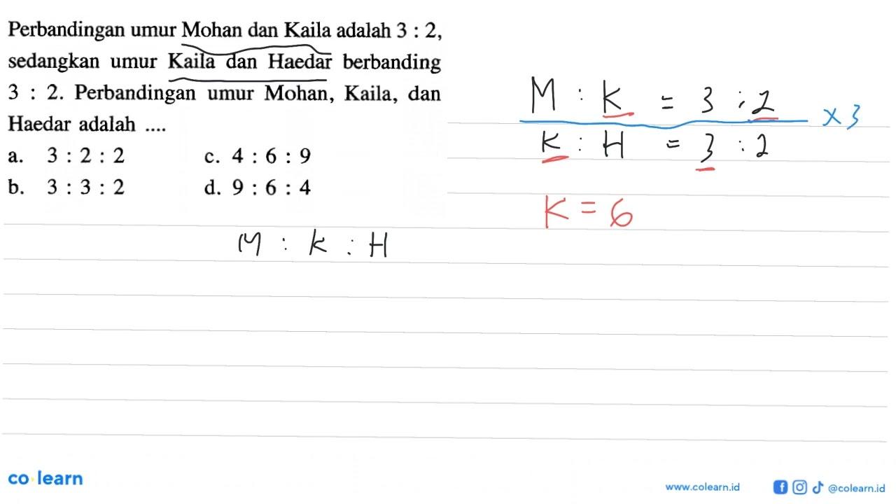 Perbandingan umur Mohan dan Kaila adalah 3:2, sedangkan