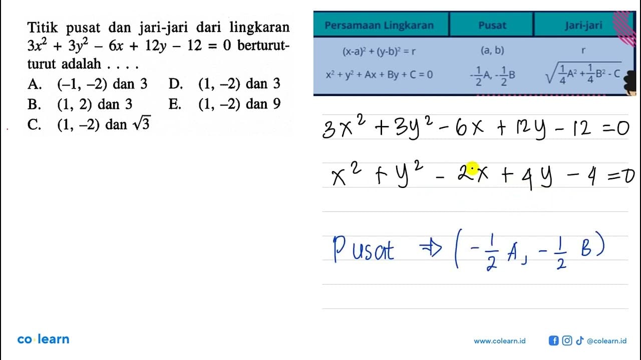 Titik pusat dan jari-jari dari lingkaran 3 x^2+3 y^2-6