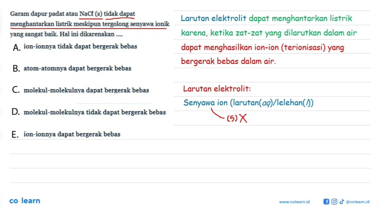 Garam dapur padat atau NaCl (s) tidak dapat menghantarkan