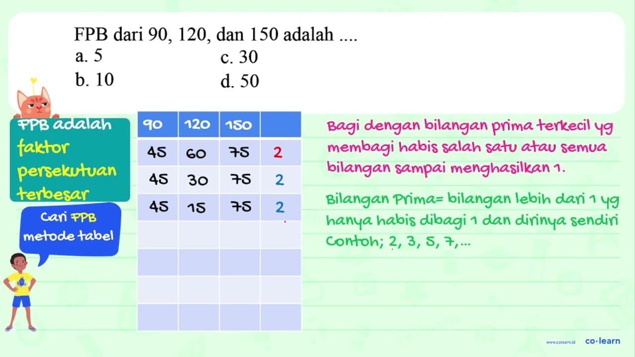 FPB dari 90,120, dan 150 adalah ... . a. 5 c. 30 b. 10 d.