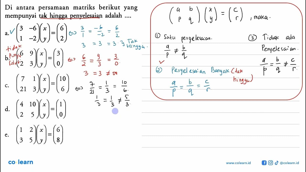 Di antara persamaan matriks berikut yang mempunyai tak