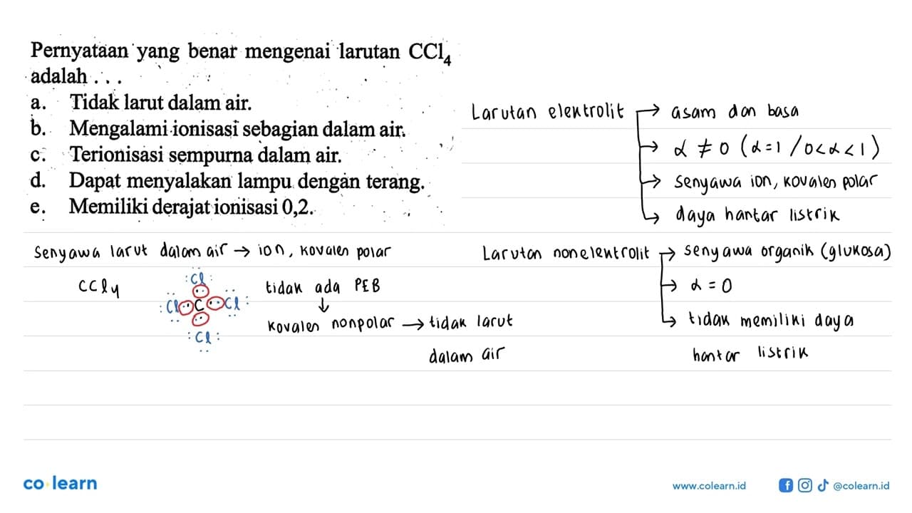 Pernyataan yang benar mengenai larutan CCl4 adalah ... a.