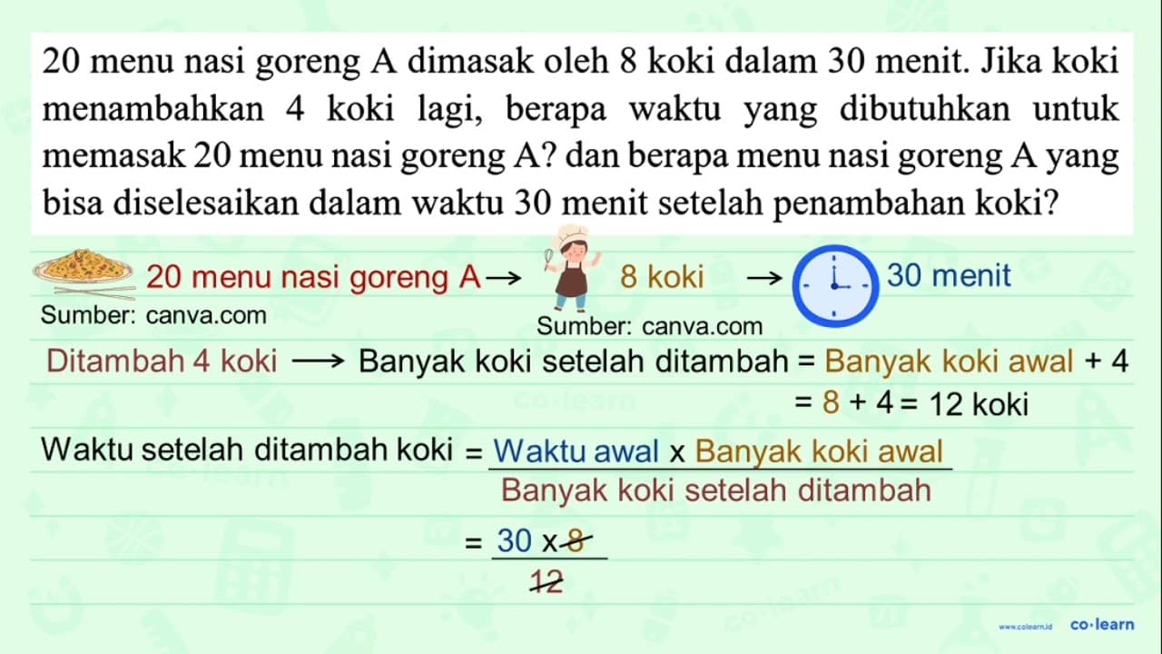 20 menu nasi goreng A dimasak oleh 8 koki dalam 30 menit.