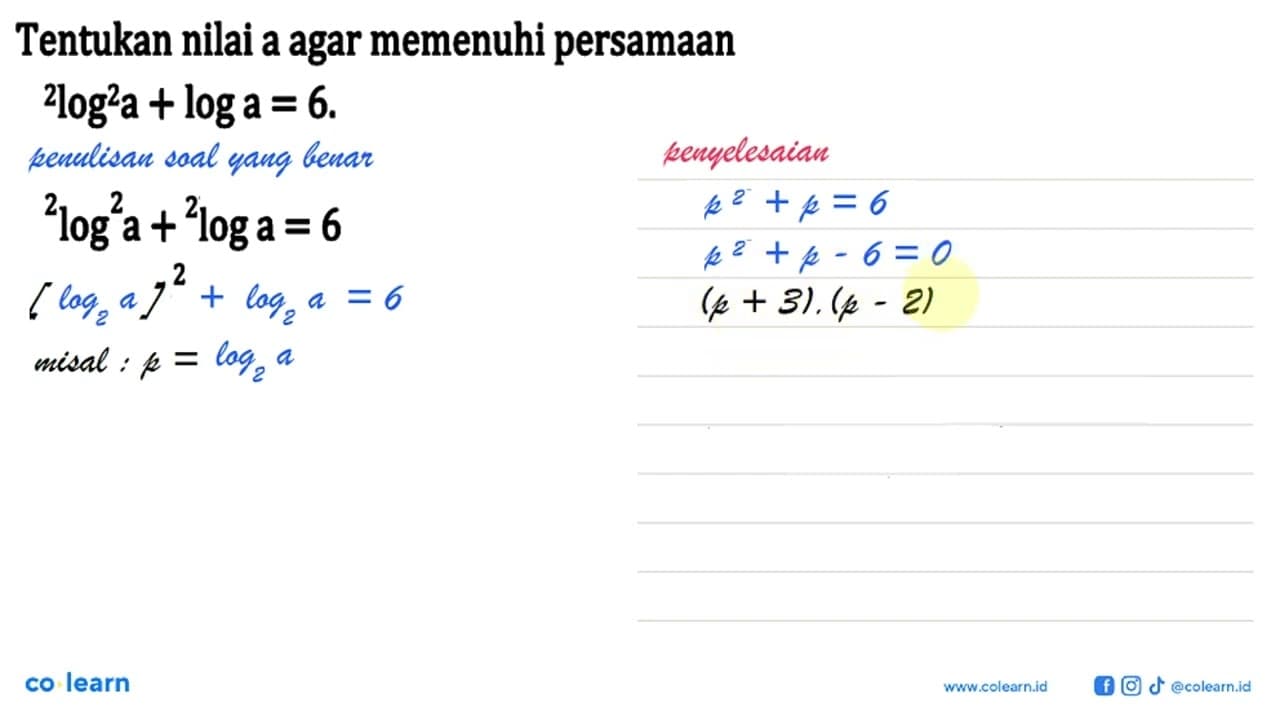 Tentukan nilai a agar memenuhi persamaan 2log^2 a+log a=6.