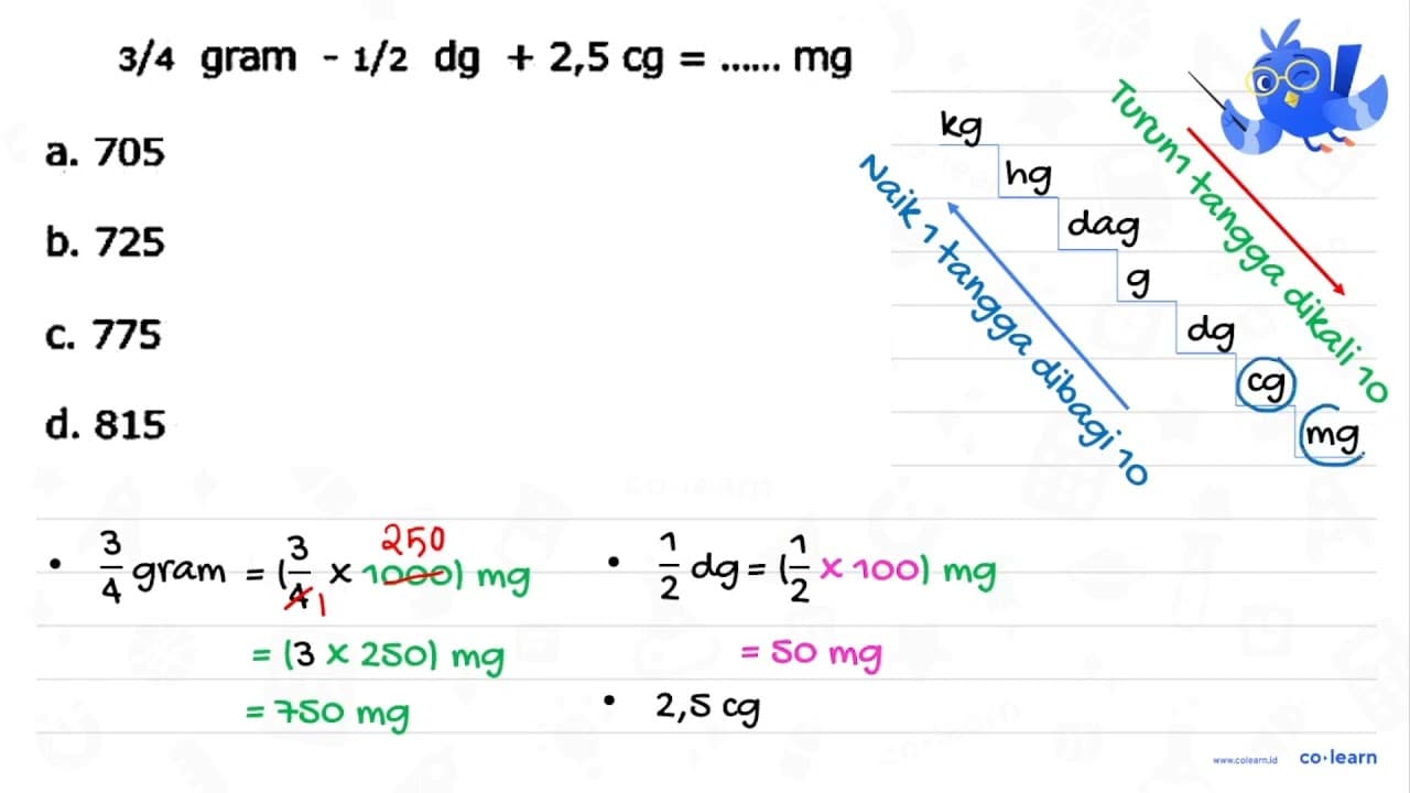 3/4 gram -1/2 dg +2,5 cg=....... mg