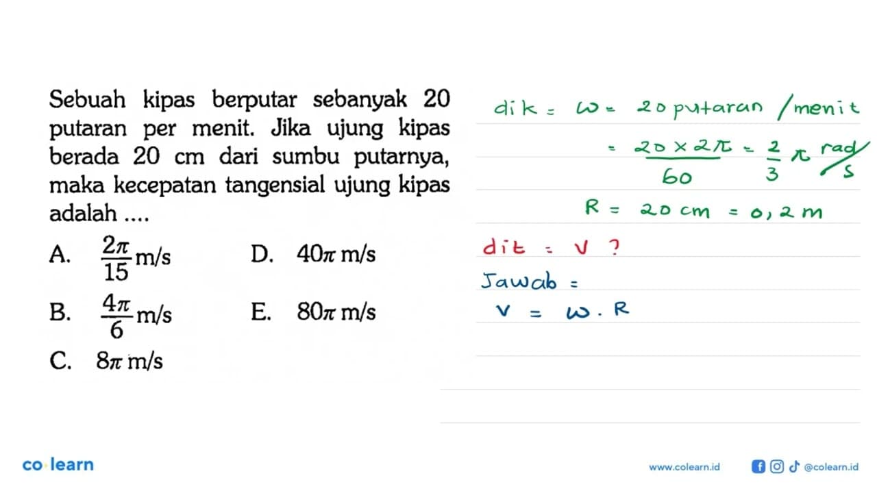 Sebuah kipas berputar sebanyak 20 putaran per menit. Jika