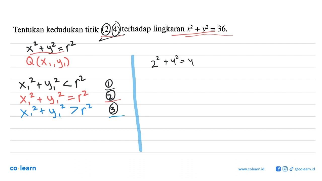 Tentukan kedudukan titik (2, 4) terhadap lingkaran