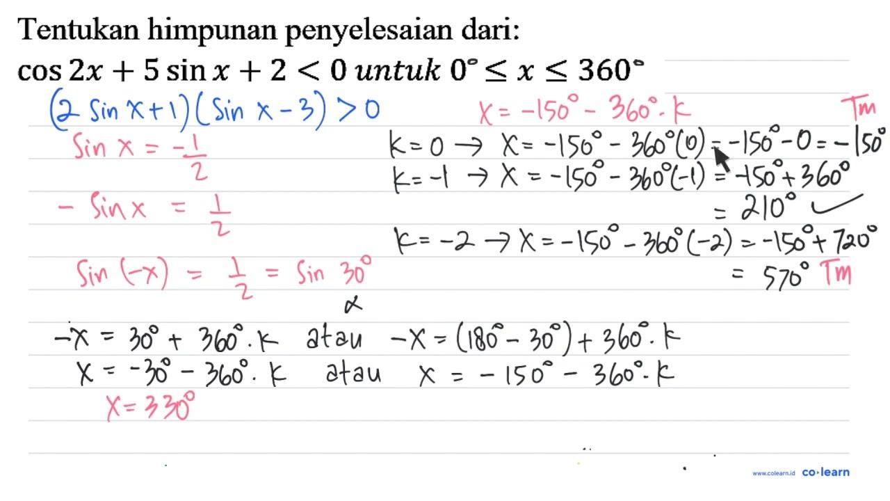 Tentukan himpunan penyelesaian dari: cos 2 x+5 sin x+2<0 {