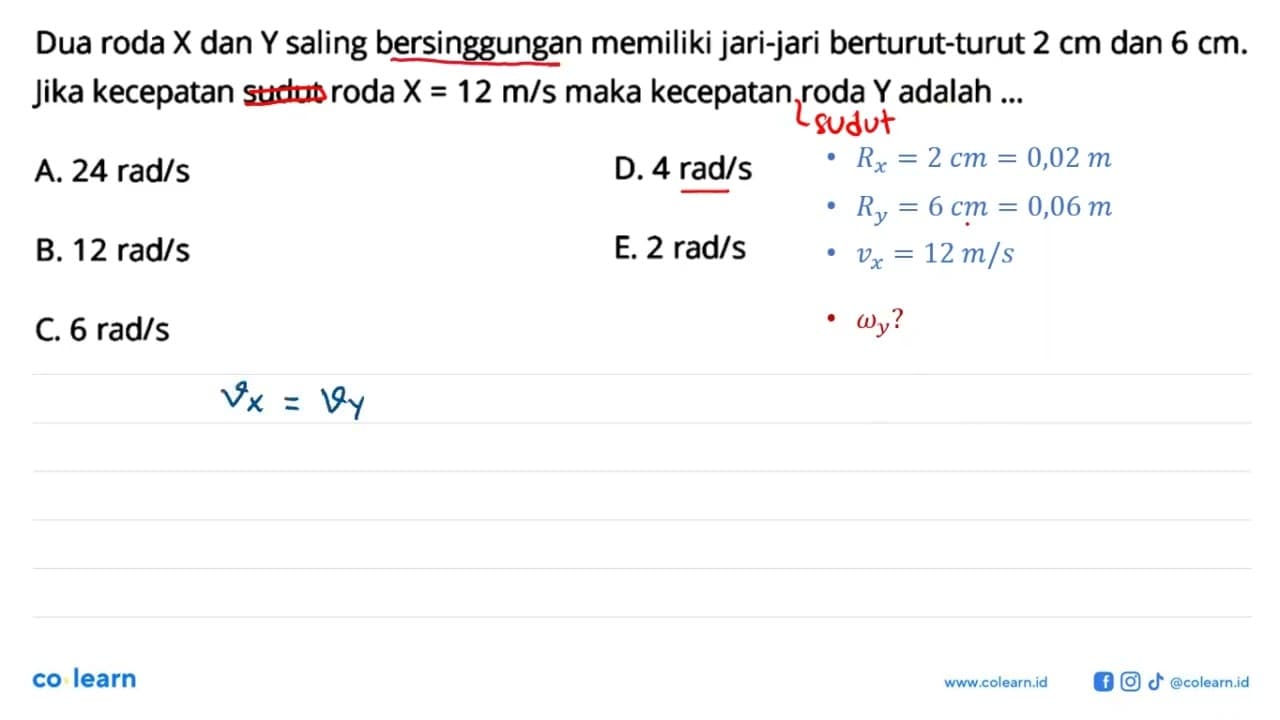 Dua roda X dan Y saling bersinggungan memiliki jari-jari