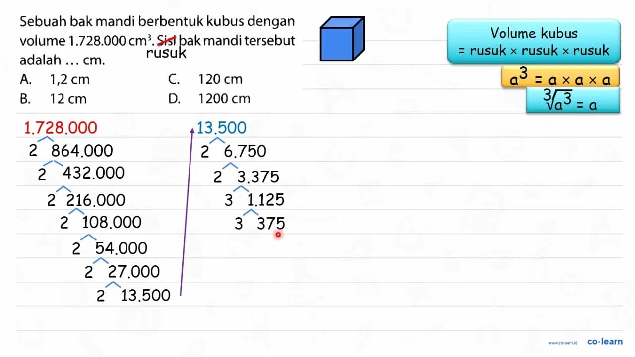 Sebuah bak mandi berbentuk kubus dengan volume 1.728.000