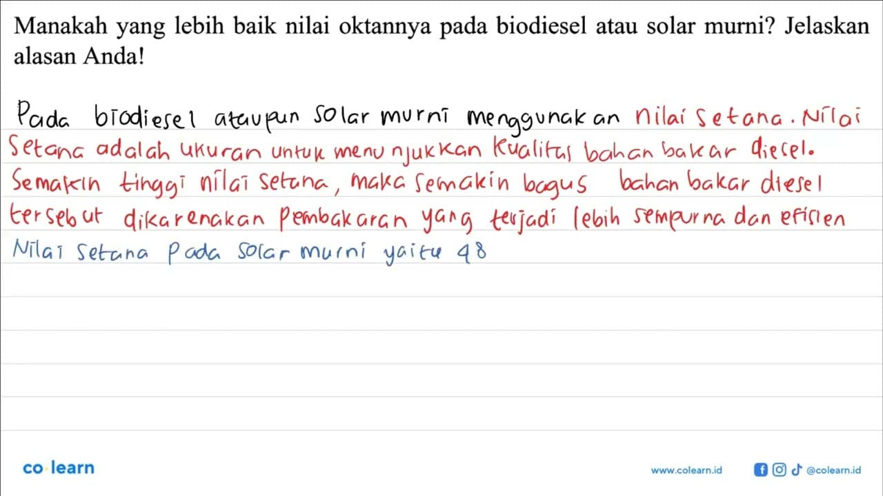 Manakah yang lebih baik nilai oktannya pada biodiesel atau