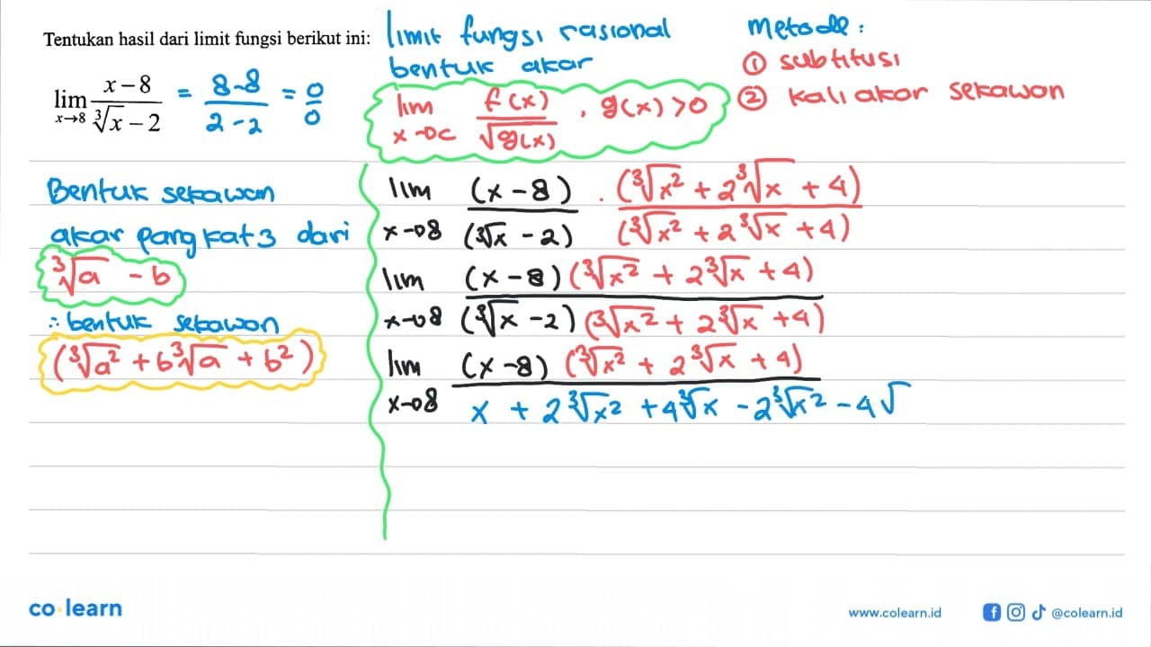 Tentukan hasil dari limit fungsi berikut ini: lim x->8