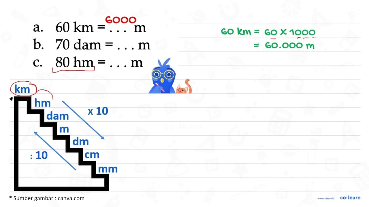 a. 60 ~km=... m b. 70 dam =... m c. 80 hm=... m