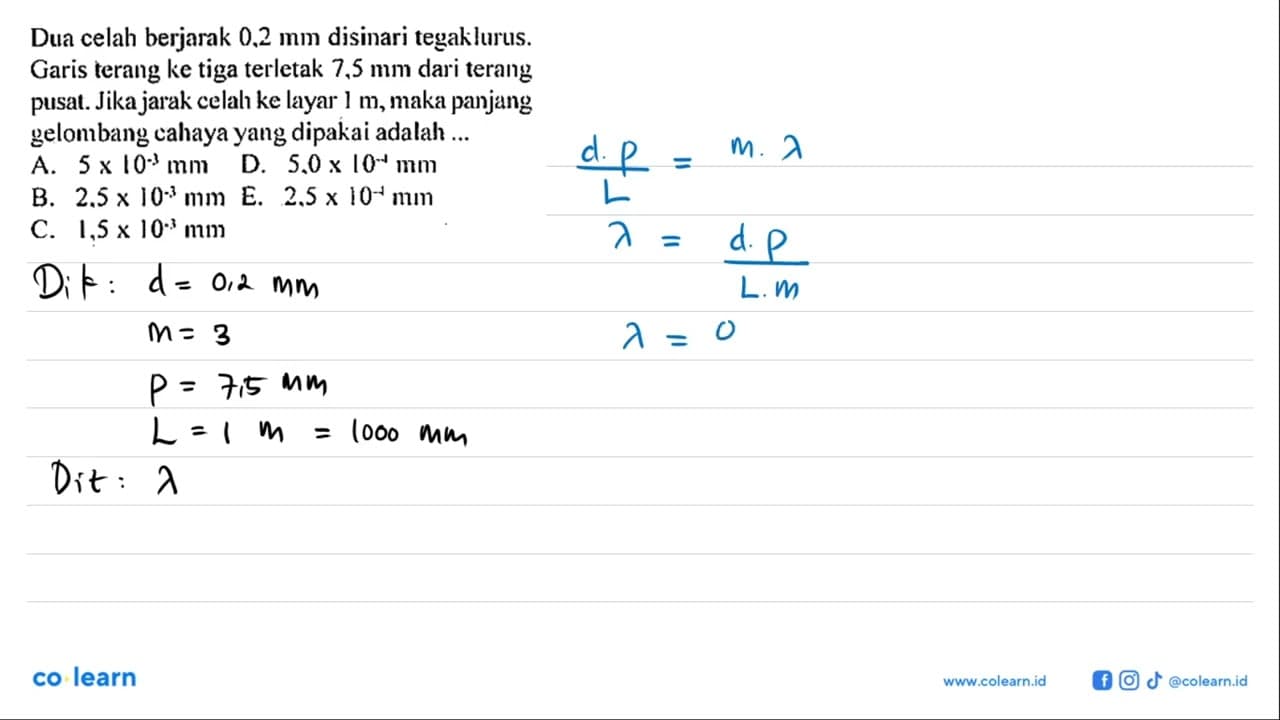 Dua celah berjarak 0,2 mm disinari tegak lurus. Garis