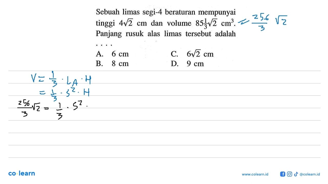 Sebuah limas segi-4 beraturan mempunyai tinggi 4 akar (2)