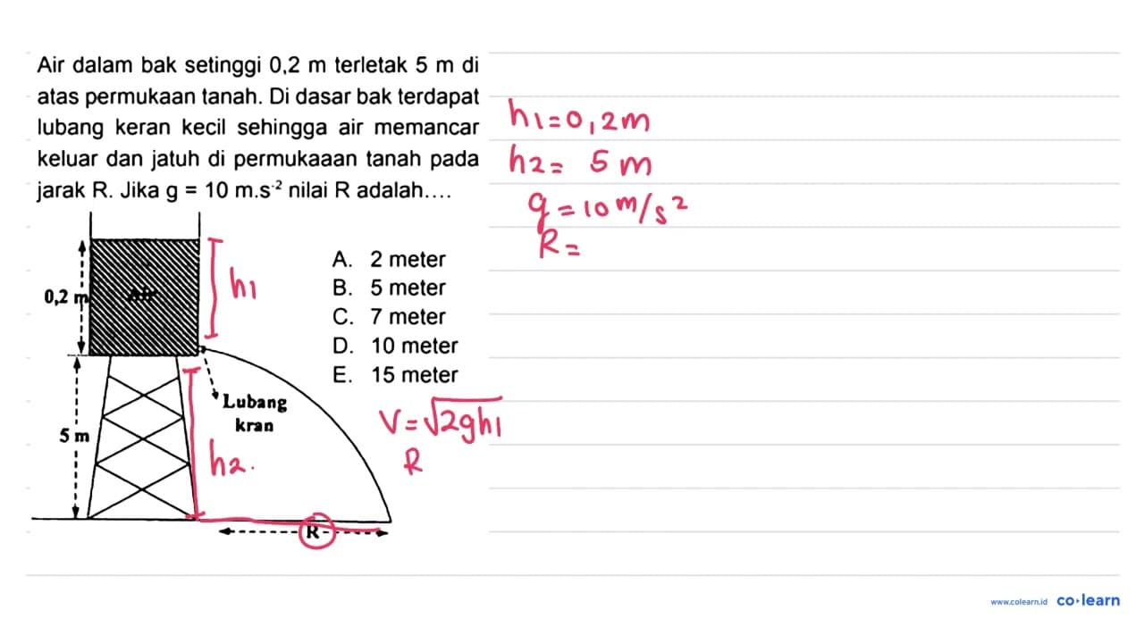 Air dalam bak setinggi 0,2 m terletak 5 m di atas permukaan