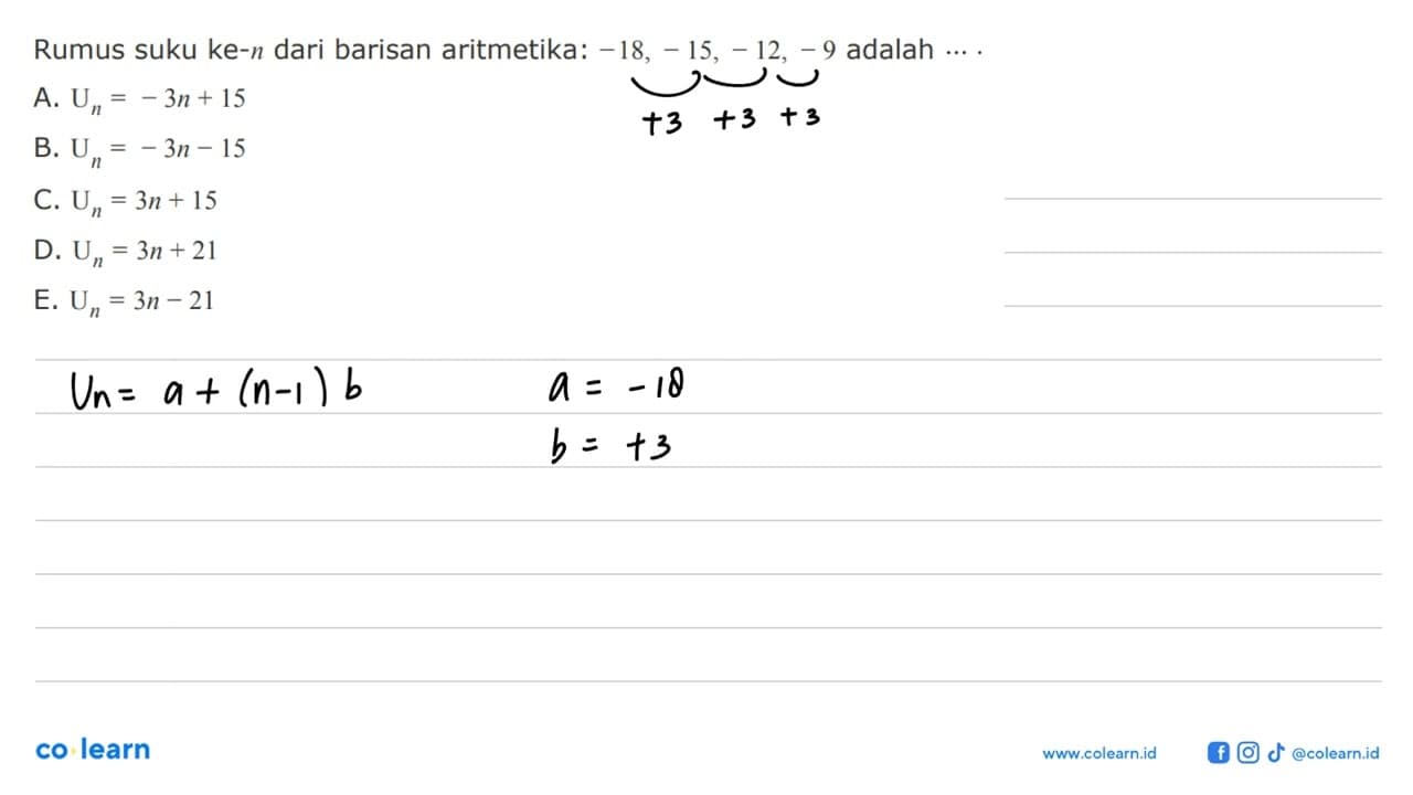 Rumus suku ke-n dari barisan aritmetika: -18, -15, -12, -9