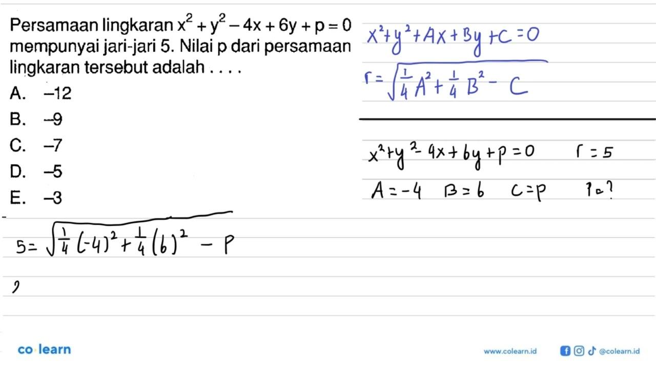 Persamaan lingkaran x^2+y^2-4x+6y+p=0 mempunyai jari-jari