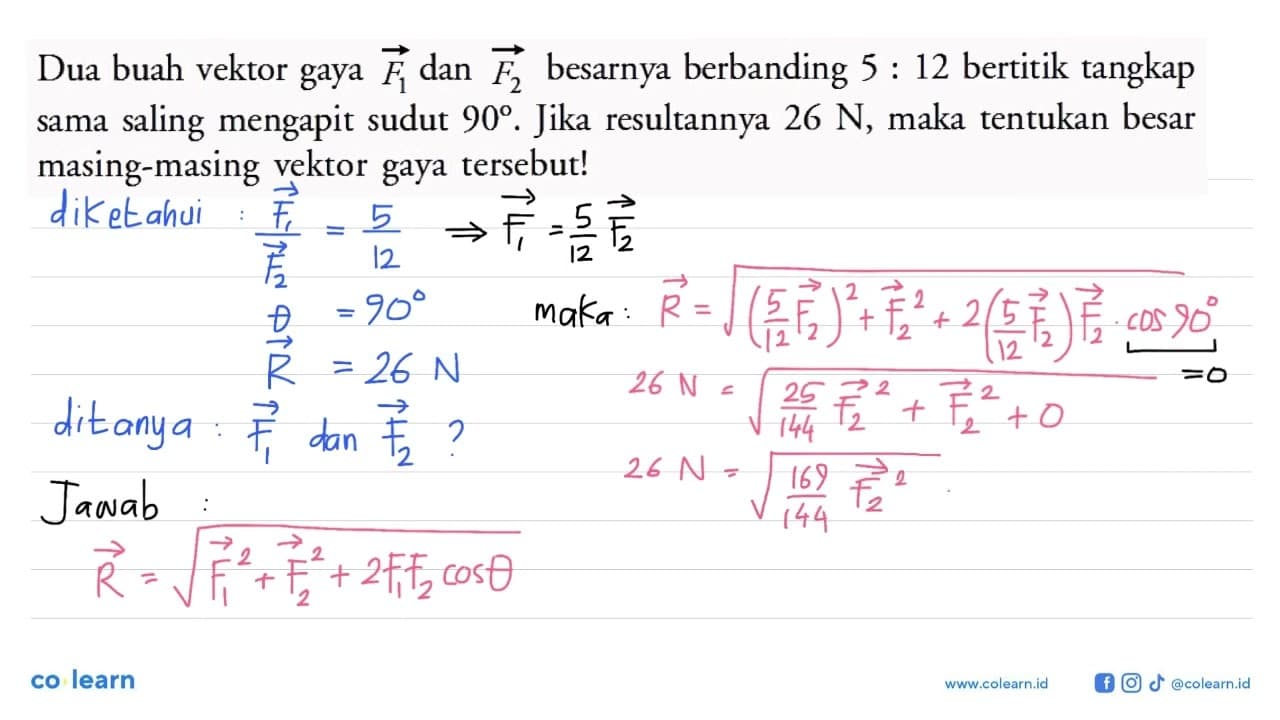 Dua buah vektor gaya F1 dan F2 besarnya berbanding 5:12