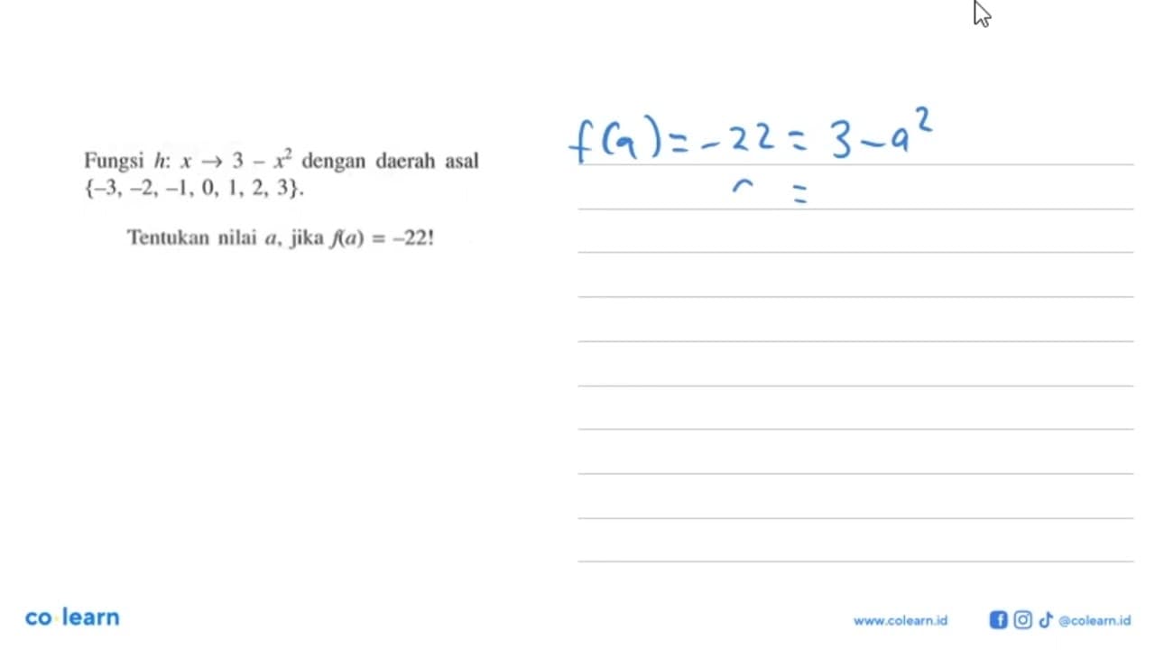 Fungsi h : x -> 3 - x^2 dengan daerah asal {-3, -2, -1, 0,