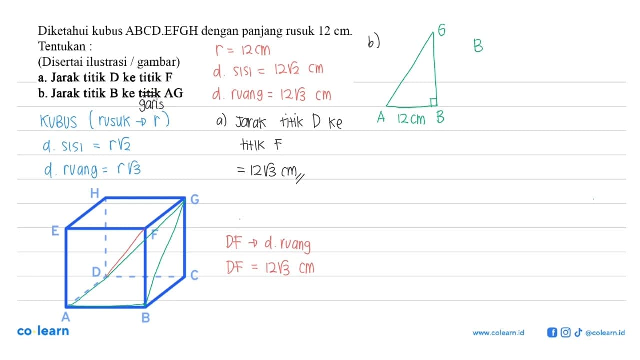 Diketahui kubus ABCD.EFGH dengan panjang rusuk 12 cm.