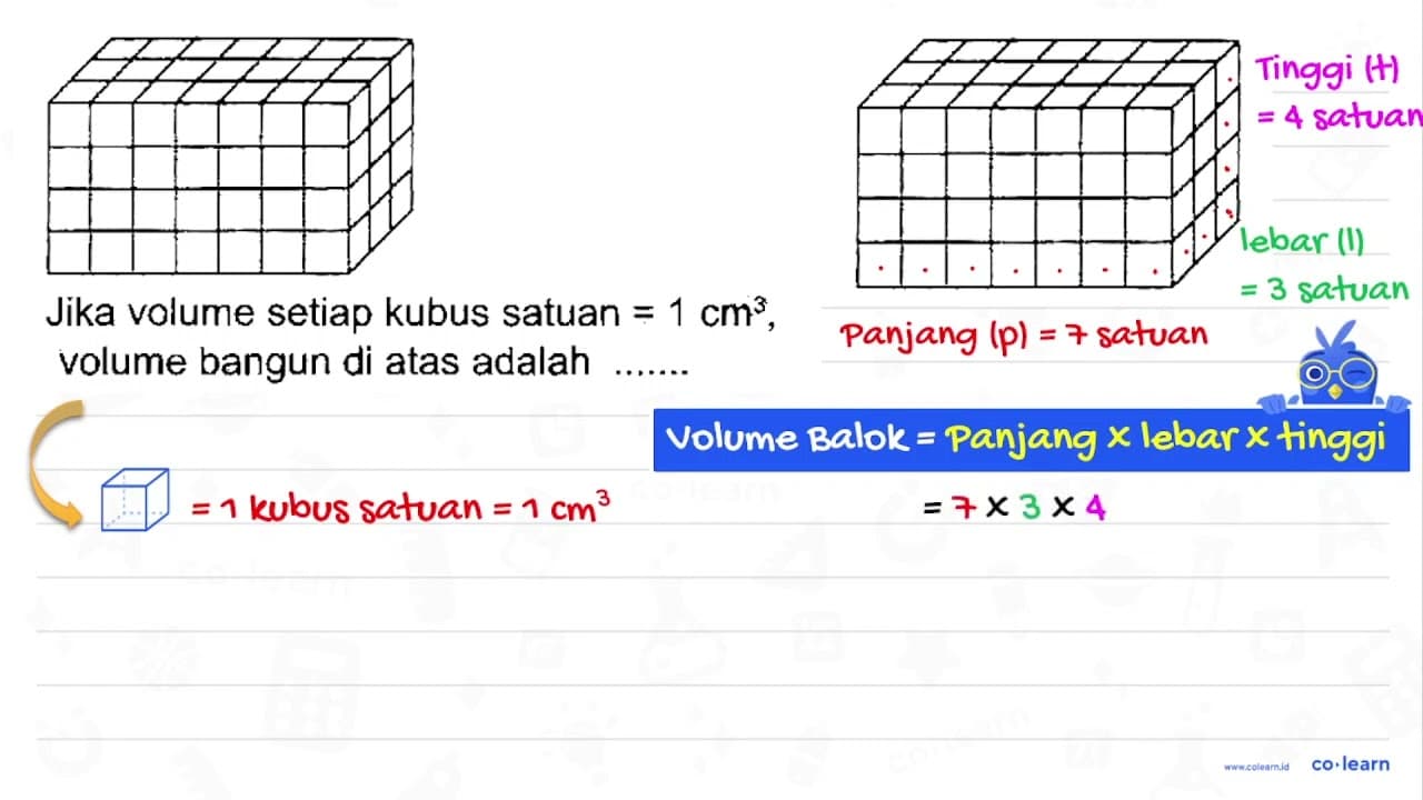 Jika volume setiap kubus satuan =1 cm^(3) , volume bangun