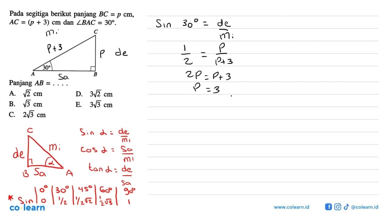 Pada segitiga berikut panjang BC=p cm, AC=(p+3)cm dan sudut