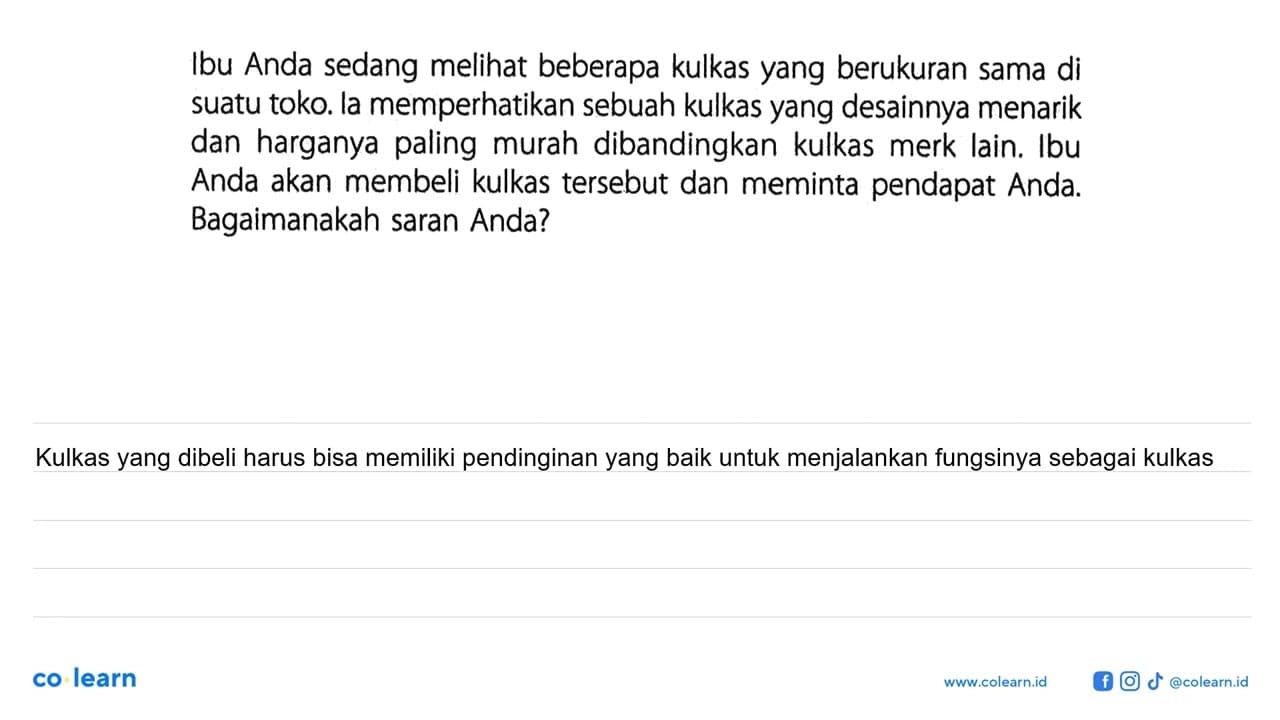 Ibu Anda sedang melihat beberapa kulkas yang berukuran sama