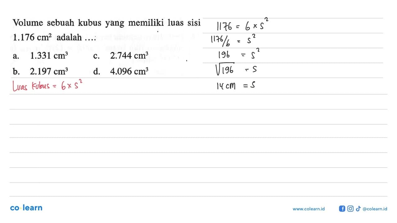 Volume sebuah kubus yang memiliki luas sisi 1.176 cm^2