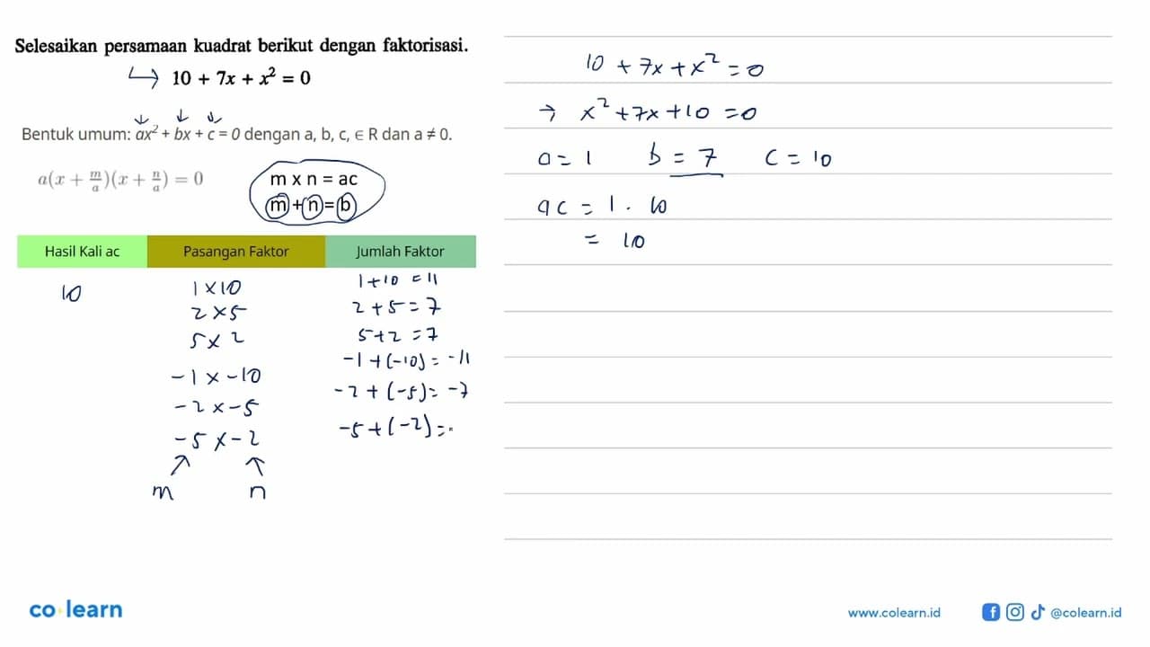 Selesaikan persamaan kuadrat berikut dengan faktorisasi. 10