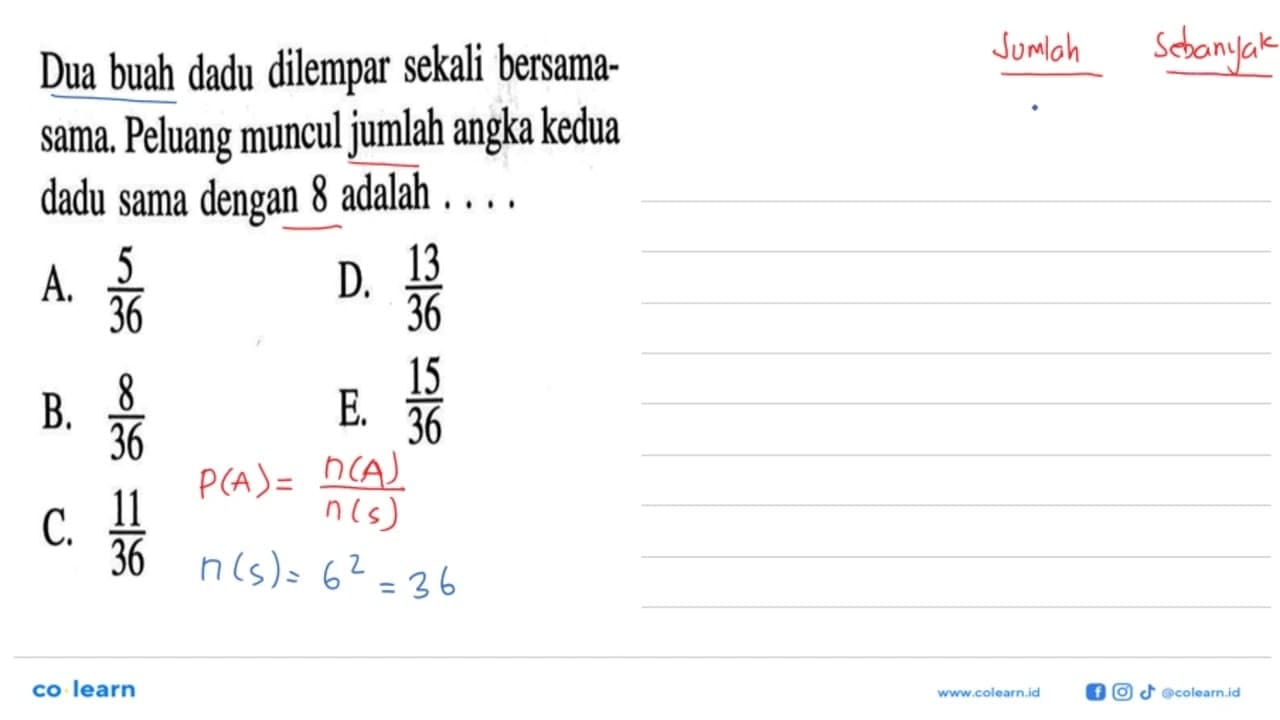 Dua buah dadu dilempar sekali bersama-sama. Peluang muncul