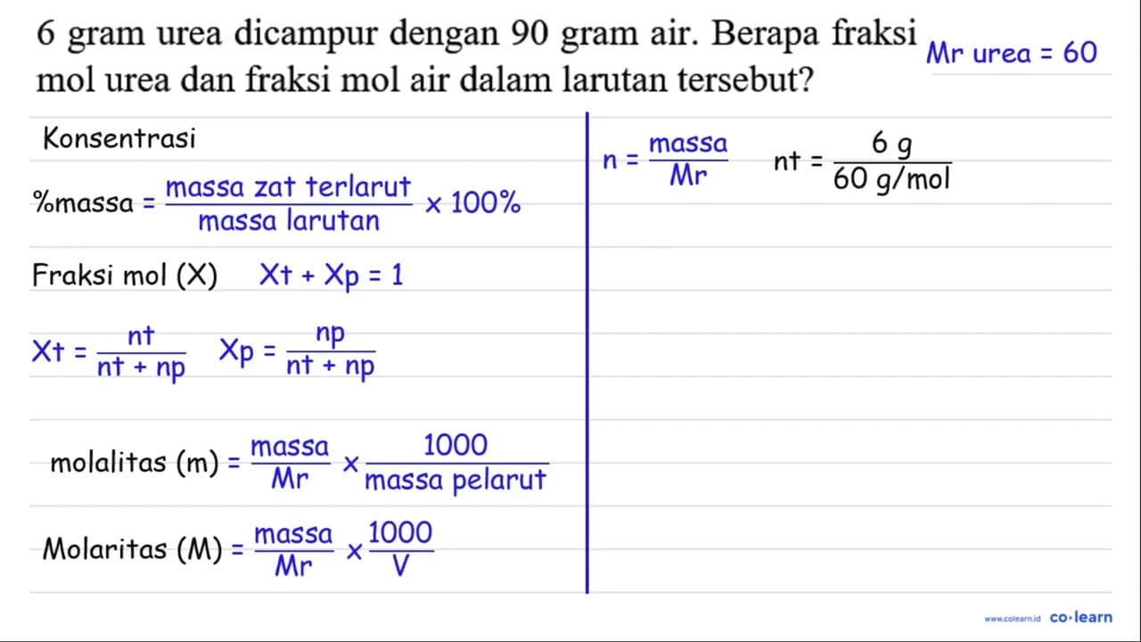 6 gram urea dicampur dengan 90 gram air. Berapa fraksi mol