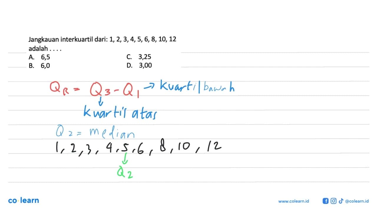 Jangkauan interkuartil dari: 1,2,3,4,5,6,8,10,12 adalah