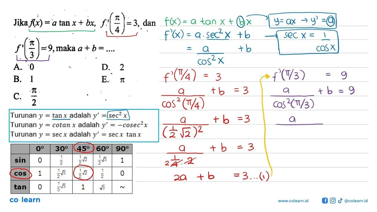 Jika f(x)=a tan x+b x, f'(pi/4)=3 , dan f'(pi/3)=9 , maka